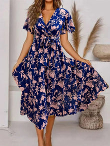 Liriane | Elegantes Midi-Kleid mit romantischem Blumenmuster – Blau | Rosa