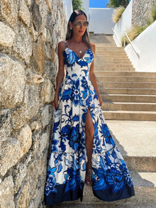 Jessie - Schickes Blumen Maxikleid mit Schlitz Damen – Blau