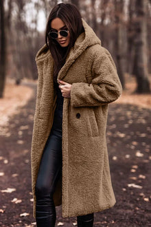 Jenny - Damen Langer Wollmantel mit Kapuze – Camel