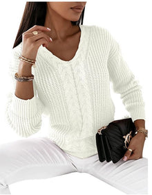 Strickpullover mit Zopfmuster | V-Ausschnitt | Bequeme Passform – Blanc