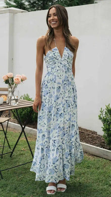 Masha - Ärmelloses Blumenmuster Kleid mit V-Ausschnitt – Blau mit Blumen