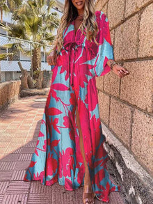 Kiana - Elegnat bedrucktes Beach Cover Up Kleid – Blau-Rosa