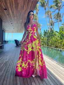 Jessie - Schickes Blumen Maxikleid mit Schlitz Damen – Rosa Gelb