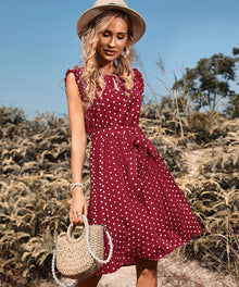 Leodessa - Damen Punkte Kleid Maxi Plissee – Rot