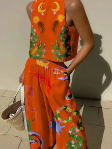 Chic - Zweiteiliges Set mit abstraktem Grafikdruck – Orange