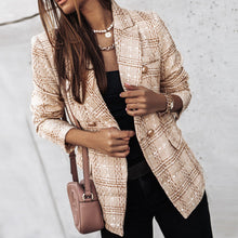 Eleganter Damen Blazer im Karo-Design – Modischer Tweed-Blazer mit doppelter Knopfleiste – Khaki
