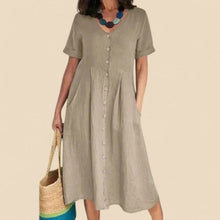 Vivienne - Kurzen Ärmeln Baumwoll Kleid – Khaki