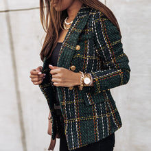 Eleganter Damen Blazer im Karo-Design – Modischer Tweed-Blazer mit doppelter Knopfleiste – Dunkelgrün