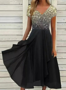 Caelina | Stilvolles Midi-Kleid – Gold-Schwarz