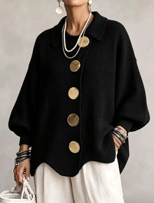 Shiryl – Langärmelige Strickjacke mit Kragen Und Knopfleiste – Schwarz