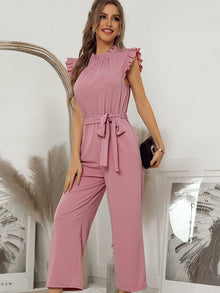 Damen Jumpsuit Rüschen Mit Gürtel Eleganter Stil – Rosa