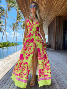 Jessie - Schickes Blumen Maxikleid mit Schlitz Damen – Rosa