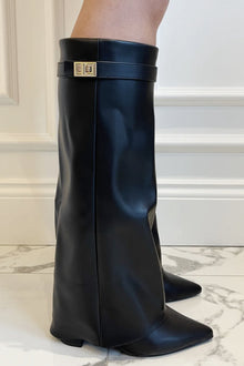Kniehohe Damenstiefel mit Blockabsatz & Klappe – Veganleder & Wildleder – Schwarz – Leder