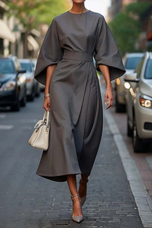Elegantes Midi-Kleid | Weite Ärmel & Taillengürtel | Zeitlose Eleganz – Grau