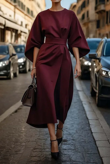 Elegantes Midi-Kleid | Weite Ärmel & Taillengürtel | Zeitlose Eleganz – Rot
