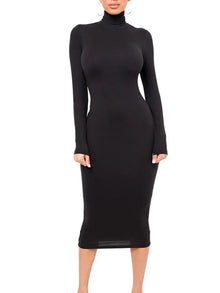 Damen Langarm Rollkragen Midi Etui Kleid – Schwarz