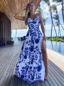 Jessie - Schickes Blumen Maxikleid mit Schlitz Damen – Hellblau