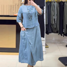 Bellarive™ Set Aus Baumwoll-Leinen Mit Weiter Bluse und Wickelrock – Blau