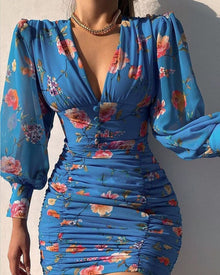 Sommer-Mini-Kleid mit Puffärmeln – Elegante Freizeitmode – Blau