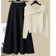 Strick-Set mit A-Linien-Rock | Schulterfreier Pullover | Femininer Chic – Schwarz und Weiß