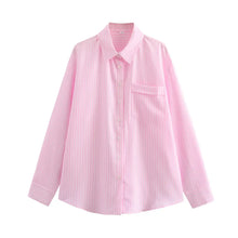 Damen Streifen Kragen Lang Bluse – Rosa