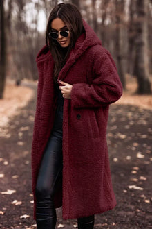 Jenny - Damen Langer Wollmantel mit Kapuze – Weinrot