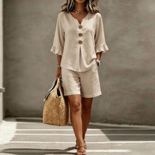 Helene™ Leinen-Baumwoll-Set Mit V-Ausschnitt Und Locker Fallender Shorts – Khaki