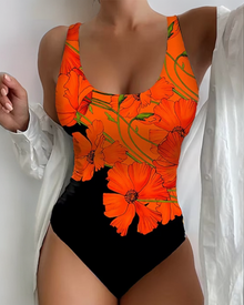 Badeanzug mit Blumendruck | Figurbetont | Eleganter Stil – Orange