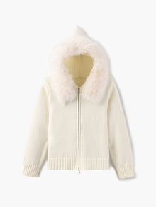 Damen Strickjacke Grau mit Kapuze und Kunstpelz – Warme Winterjacke – Creme
