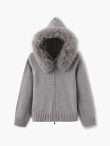 Damen Strickjacke Grau mit Kapuze und Kunstpelz – Warme Winterjacke – Grau
