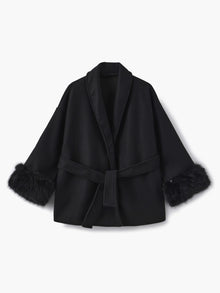 Damen Mantel mit Kunstfellbesatz – Eleganter Winter Kurzmantel – Schwarz