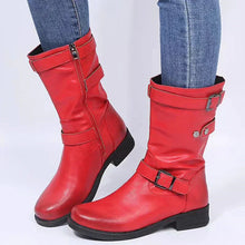 Stiefel Damen im Bikerstil mit Schnallen – Rot