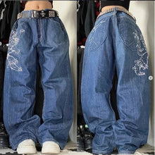 Damen Jeans – Baumwolle – Baggy Streetwear Stil – Weite Passform – Blau mit Druck