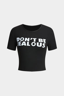 Braelyn | Schwarz Kurzärmelig Cropped T-Shirt mit "Don't Be Jealous"-Print – Schwarz