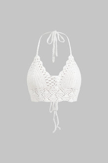 Nora | Weiß Handgehäkeltes Boho-Crop-Top mit Neckholder & verstellbaren Bindebändern – Weiß