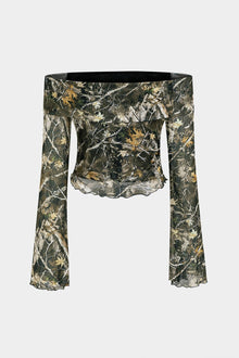 Anna | Off-Shoulder Mesh-Top mit Camouflage-Print & Trompetenärmeln – Camouflage