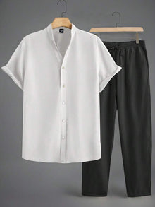 Minimalistisches Herren-Set | Kurzarmhemd mit Stehkragen & Hose – Schwarz & Weiß