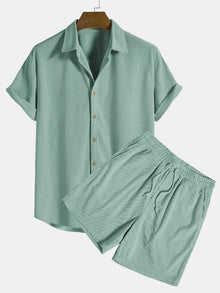 Elegantes Herren Strick-Set in Feinripp-Optik | Hemd & Shorts – Grün