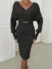 Damen Midikleid mit V-Ausschnitt und langen Ärmeln für Herbst und Winter – Schwarz