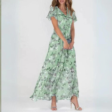 Chiffon Maxikleid mit V-Ausschnitt & floralem Muster – Elegant & Luftig – Grün