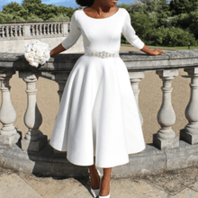 Midikleid mit 3/4-Ärmeln | Ausgestellter Rock | Femininer Rundhalsausschnitt – Weiß