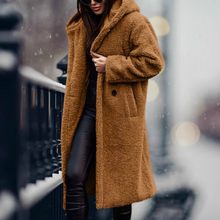 Damen Teddy-Mantel mit Kapuze – Langer, kuscheliger Wintermantel für kalte Tage, ideal für elegante Freizeitlooks – Goldkamel