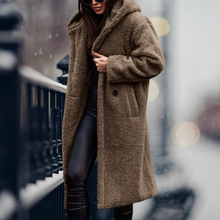 Damen Teddy-Mantel mit Kapuze – Langer, kuscheliger Wintermantel für kalte Tage, ideal für elegante Freizeitlooks – Khaki