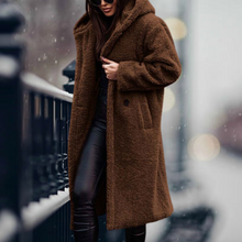 Damen Teddy-Mantel mit Kapuze – Langer, kuscheliger Wintermantel für kalte Tage, ideal für elegante Freizeitlooks – Braun