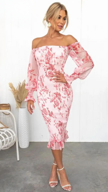 Romantisches Off-Shoulder Bodycon Kleid mit Blumenprint – Figurbetontes Midikleid in Rosa für Sommer & Events – Rot