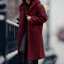 Damen Teddy-Mantel mit Kapuze – Langer, kuscheliger Wintermantel für kalte Tage, ideal für elegante Freizeitlooks – Rotwein