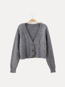 Christa | Damen Zopfmuster-Strickjacke mit V-Ausschnitt und Knöpfen – Grau