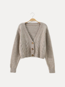 Christa | Damen Zopfmuster-Strickjacke mit V-Ausschnitt und Knöpfen – Haferflocken