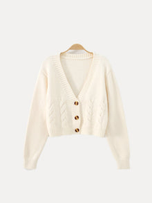 Christa | Damen Zopfmuster-Strickjacke mit V-Ausschnitt und Knöpfen – Beige