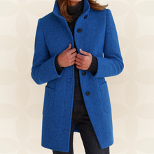 Joclyne – Langarm Mantel mit Hohem Kragen Knopfleiste Und Taschen – Blau